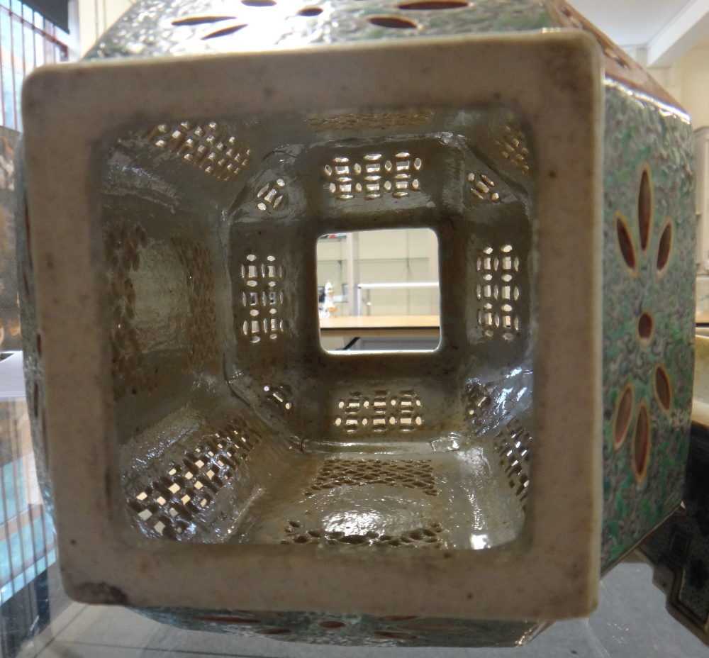 A good pair of Chinese famille-verte reticulated lanterns and stands, late 19th century, - Image 3 of 10