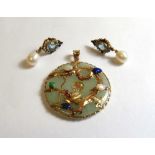 A pair of freshwater cultured pearl, blue topaz and enamelled earrings and an Oriental jade,