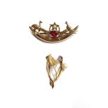 A gold, red gem and imitation pearl set brooch, detailed Advance Australia and a 9ct gold,