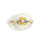 An 18ct gold, diamond, sapphire, yellow gemstone and frosted rock crystal oval brooch,