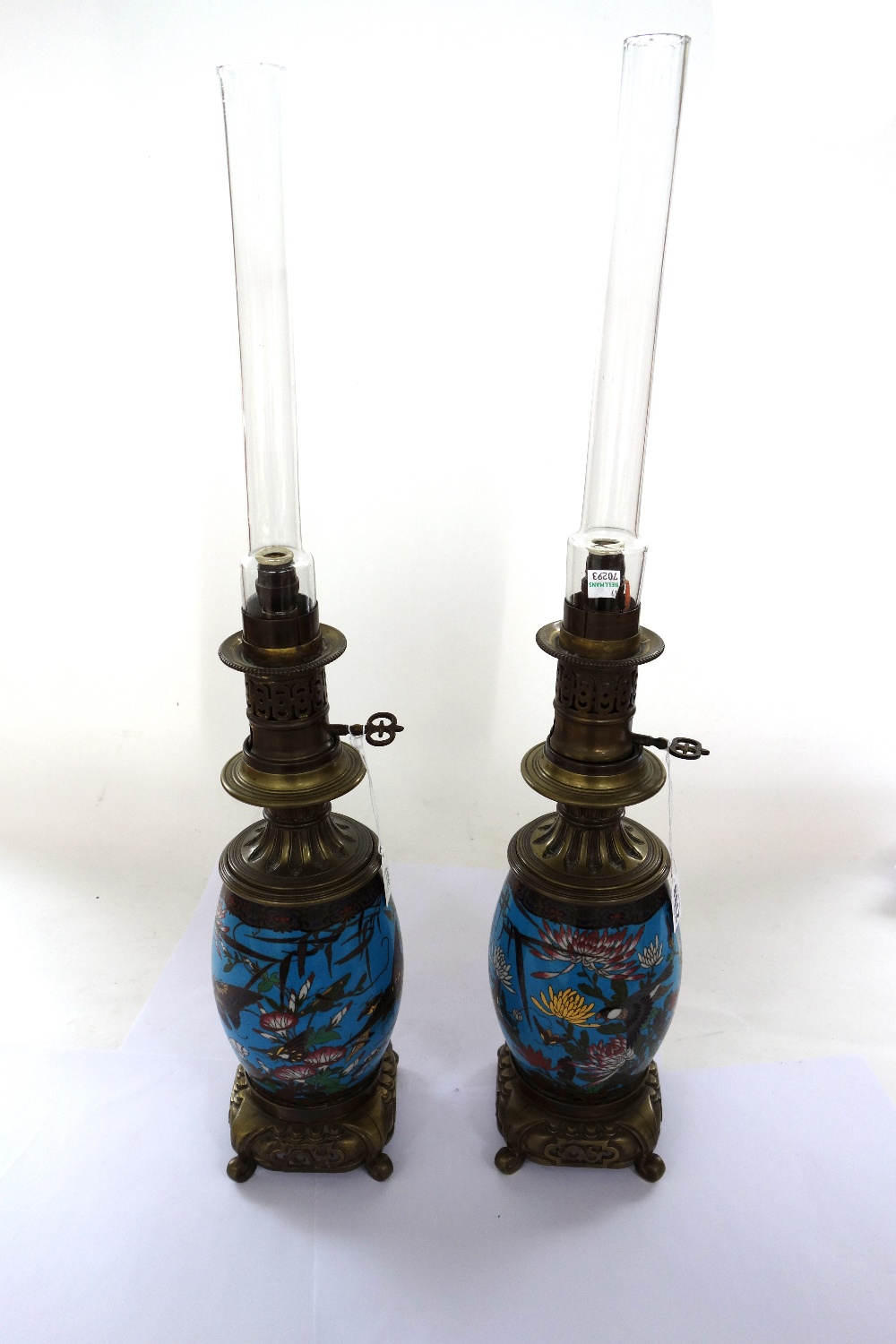 A pair of Japanese cloisonne and brass mounted oil lamps, 20th century, - Image 2 of 2
