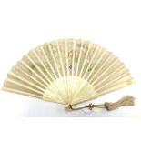 A Chinese painted paper fan, 20th century, with gilt lacquered sticks, in a fitted Chinoiserie case,