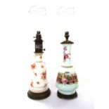 A Victorian porcelain vase table lamp, hand painted with flowers, 38cm high,