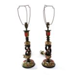 A pair of turned wooden candlestick table lamps, 20th century,