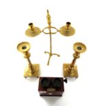 A French mahogany cased stereoscope, a pair of 18th century brass candlesticks, 26.