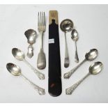 Silver and silver mounted wares, comprising; a fiddle pattern table fork, an 18th century teaspoon,