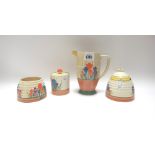 Four pieces of Clarice Cliff pottery decorated in the 'Crocus' pattern,