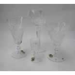 A part suite of Waterford crystal stemware comprising; seven hock glasses, six liqueur glasses,