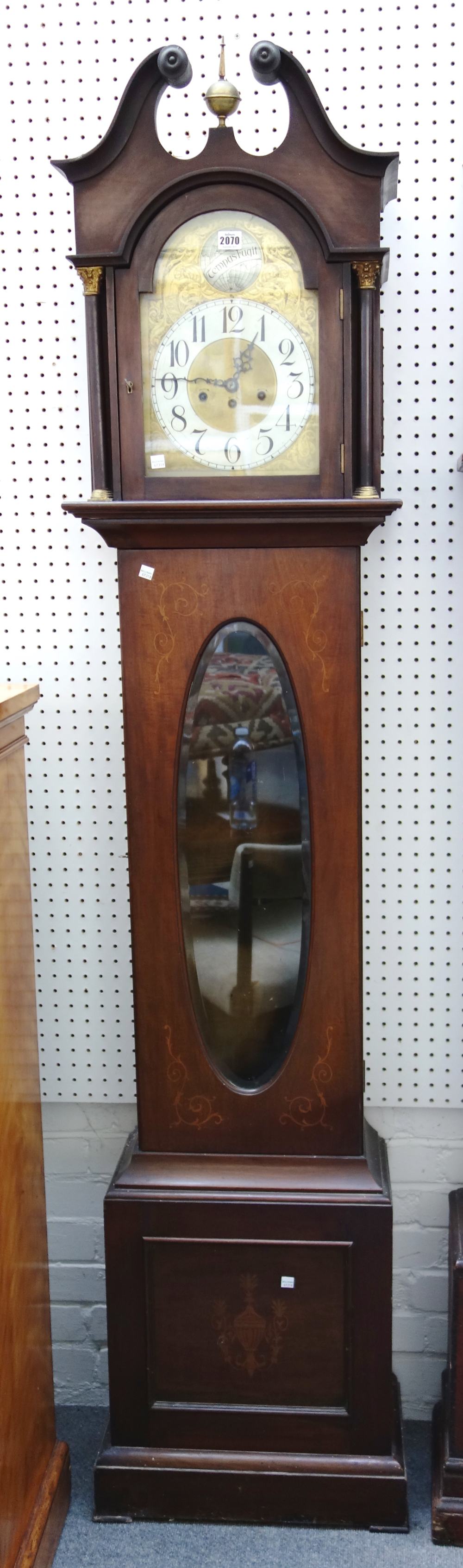 An early 20th century eight day mahogany inlaid longcase clock, bevelled glazed door,