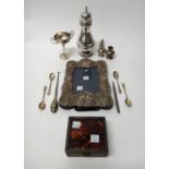 Silver and silver mounted wares, comprising; a sugar caster, London 1920, a twin handled trophy cup,