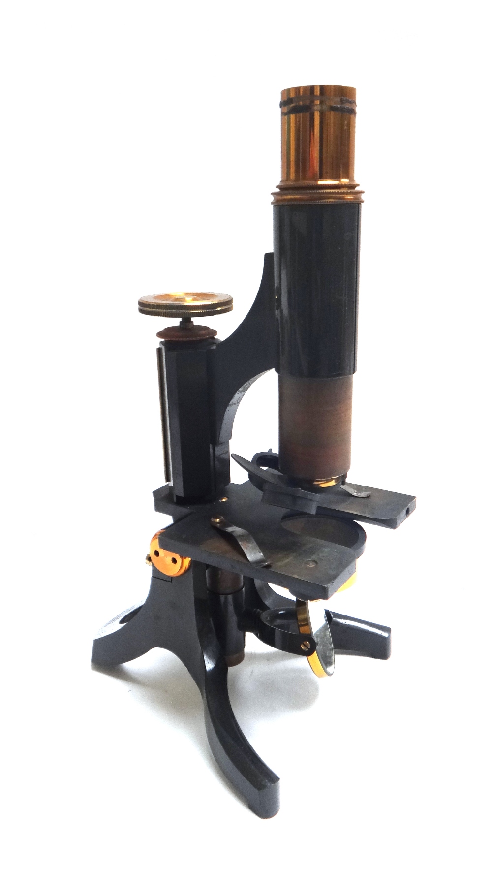 A Swift & Son ebonised brass microscope, early 20th century, in a fitted mahogany case,