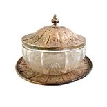 A Victorian silver mounted glass circular bowl with cover and stand,