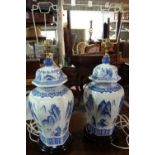 A pair of modern Chinese blue and white lamps.