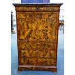 A 19th century figured walnut marble topped secretaire a abbatant on block feet, 96cm wide.