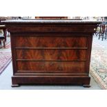 A 19th French commode, the marble top over a figured mahogany five drawer base, 129cm wide.