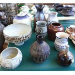 A quantity of studio pottery including; a Denise Wren vase of globular form, three Cornish pieces,