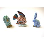 Eighteen miniature Herend porcelain animals, comprising; three green Imari rabbits,