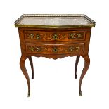A Louis XV style serpentine marble topped gilt metal mounted marquetry inlaid kingwood two drawer