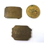 Two Wells Fargo Co Express brass belt buckles stamped 'Tiffany New York',
