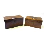 An early 19th century rectangular mahogany tea caddy with twin lidded interior, 32cm wide,