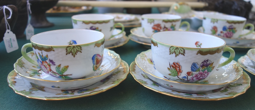 A Herend porcelain part tea service decorated with butterflies against a gilt green ground, - Image 3 of 5