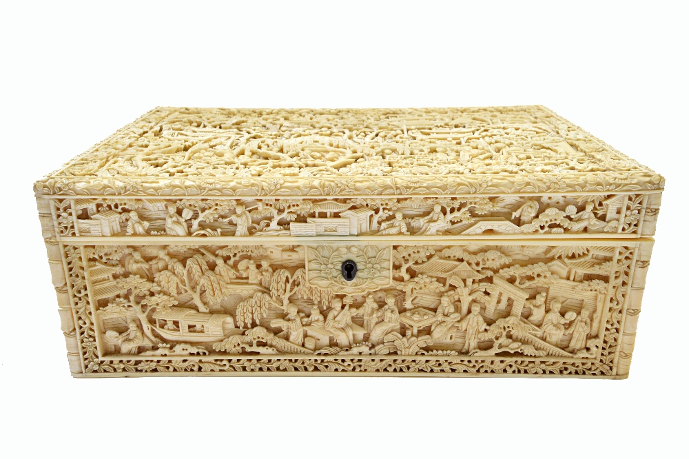 A good Canton ivory workbox, 19th century, of rectangular form set with two swing handles, - Image 2 of 5