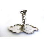 A  WMF silvered metal figural dish, circa 1900, modelled as an Art Nouveau maiden,