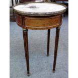 A Louis XVI style gilt metal mounted circular marble topped mahogany gueridon,