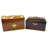 A Victorian brass and bone inlaid Gothic Revival dome top tea caddy with twin lidded interior,