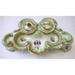 A Herend porcelain desk stand decorated with butterflies against a gilt green ground,