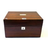 A Victorian mother of pearl inlaid rosewood jewellery/toilet box with fitted interior and side