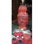 A group of Oriental cinnabar lacquer items, including a lamp base,