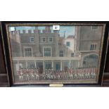 The Coldstream Guards mounting Guard at St James' Palace, engraving with hand colouring.