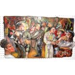 A rectangular fibreglass relief moulded plaque depicting figures in a club scene (Dalston