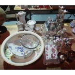 A quantity of ceramics, including a Limoges tea set, a pottery washbowl, Staffordshire figures,