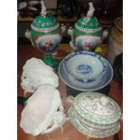 A quantity of ceramics, including pair of twin handled green and gilt lidded vases,
