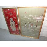 An Oriental silkwork panel depicting figures and another depicting an immortal.