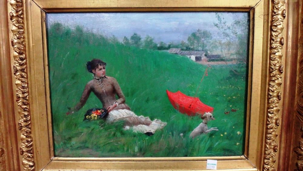 Henri-Stanislas Rouart (1833-1912), A girl with her pet dog in a meadow, oil on panel, signed, - Image 2 of 4