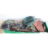 A quantity of militaria including a leather holster, a Russian hat, utility pouches,