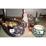 A quantity of ceramics, including; two gilt shell vases, Continental porcelain figures,