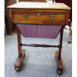 A William IV rosewood work table with single frieze drawer over pull out wool box on trestle