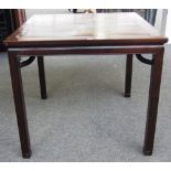A late 19th/early 20th century Chinese hardwood square centre table on block feet,
