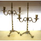 A pair of brass adjustable two branch candlesticks, early 19th century,