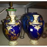 A group of ceramics, including; a pair of twin handled Limoges blue and cream vase,