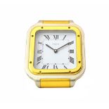 A gilt metal and steel cased square cased Cartier Pairs Quartz alarm clock,