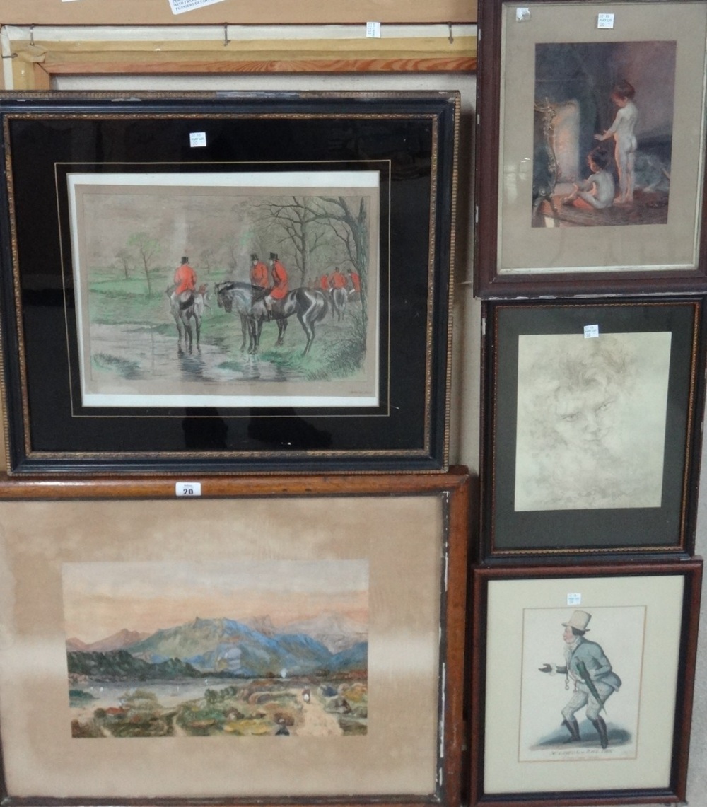 A group of seven 19th and 20th century watercolours and prints,