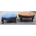 A Victorian mahogany framed small footstool of serpentine outline on scroll supports, 33cm wide,