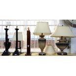 A pair of stained beech table lamps of contemporary form, 57cm high,