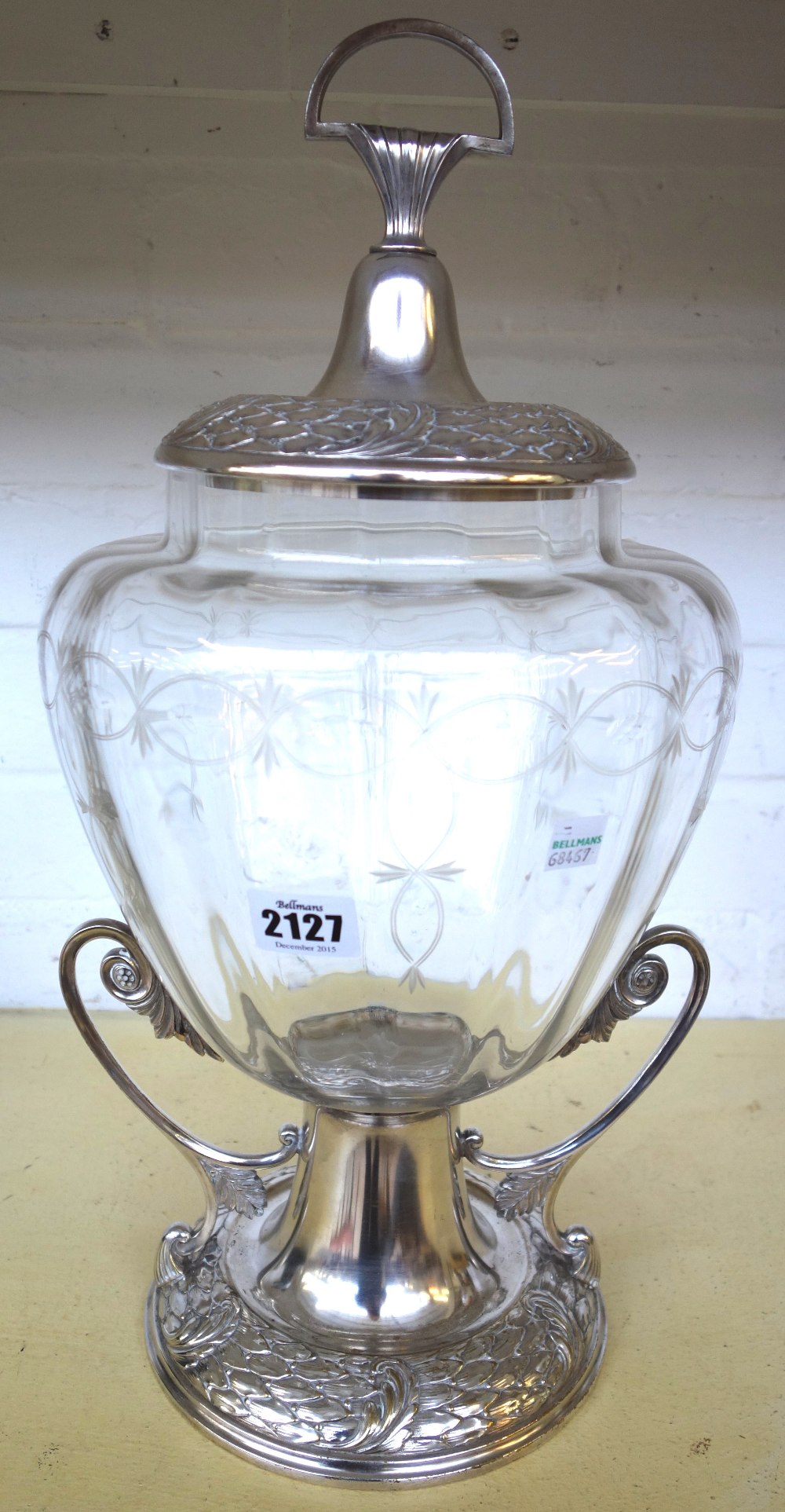 A WMF silvered metal and clear glass punch bowl and cover, early 20th century,