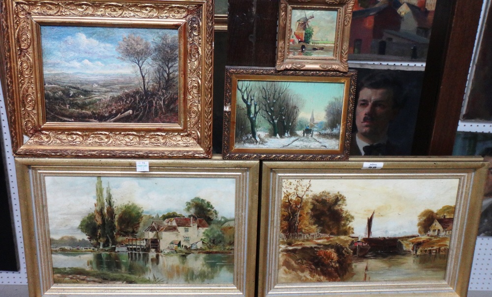 A group of four early 20th century oil landscapes, including a view of a mill, a canal,